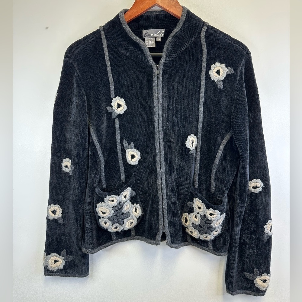 Lisa Nichols Vintage Black Knit Zip Up Floral Cardigan Sweater Women Size Small